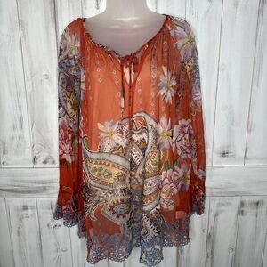 NWT WOMENS‎ JOHNNY WAS BIYA ORANGE COLORFUL PAISLEY EYELET MESH BLOUSE W/ SLIP M